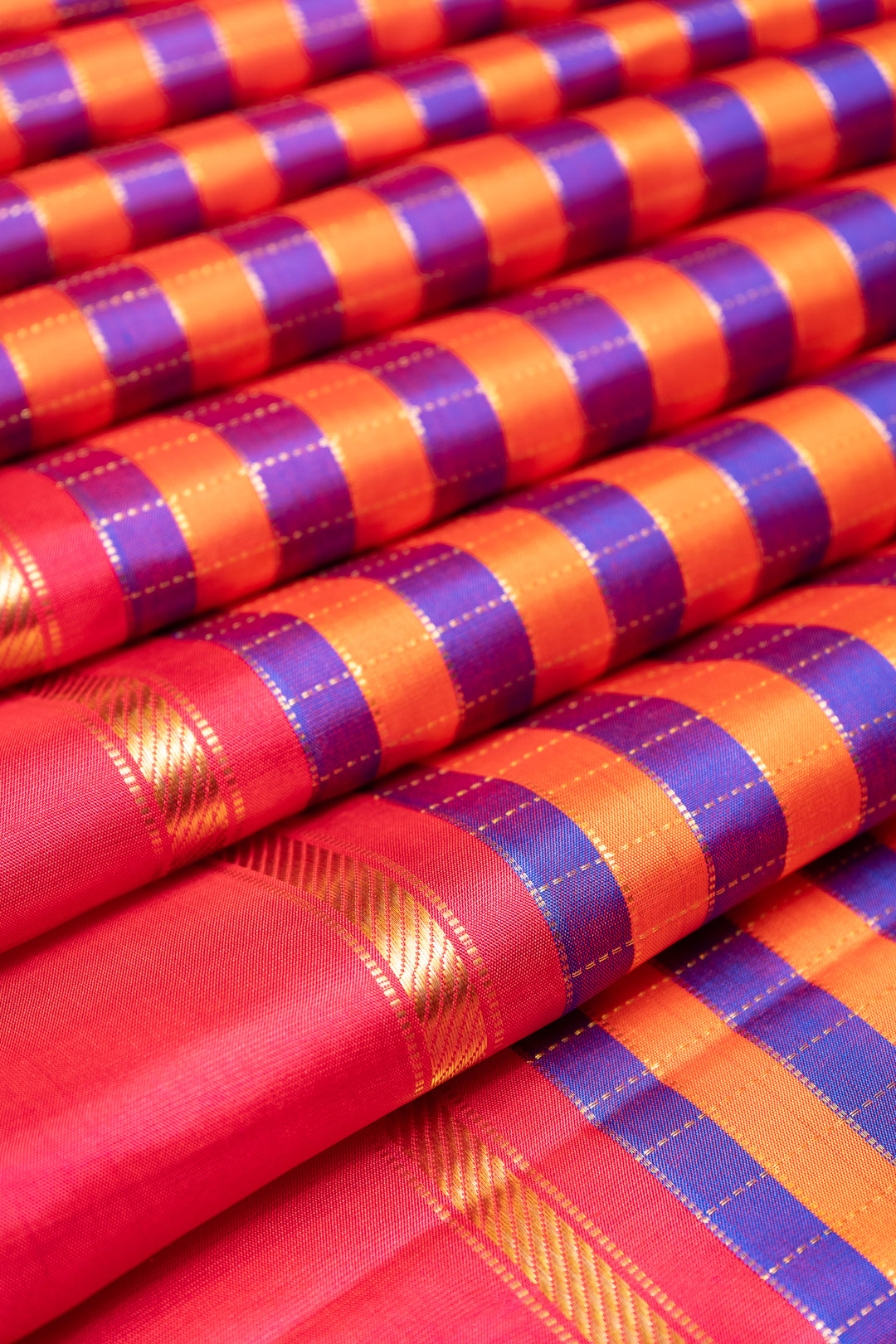 Blue and Orange Multi Checks Pure Kanjivaram Silk Saree - Clio Silks