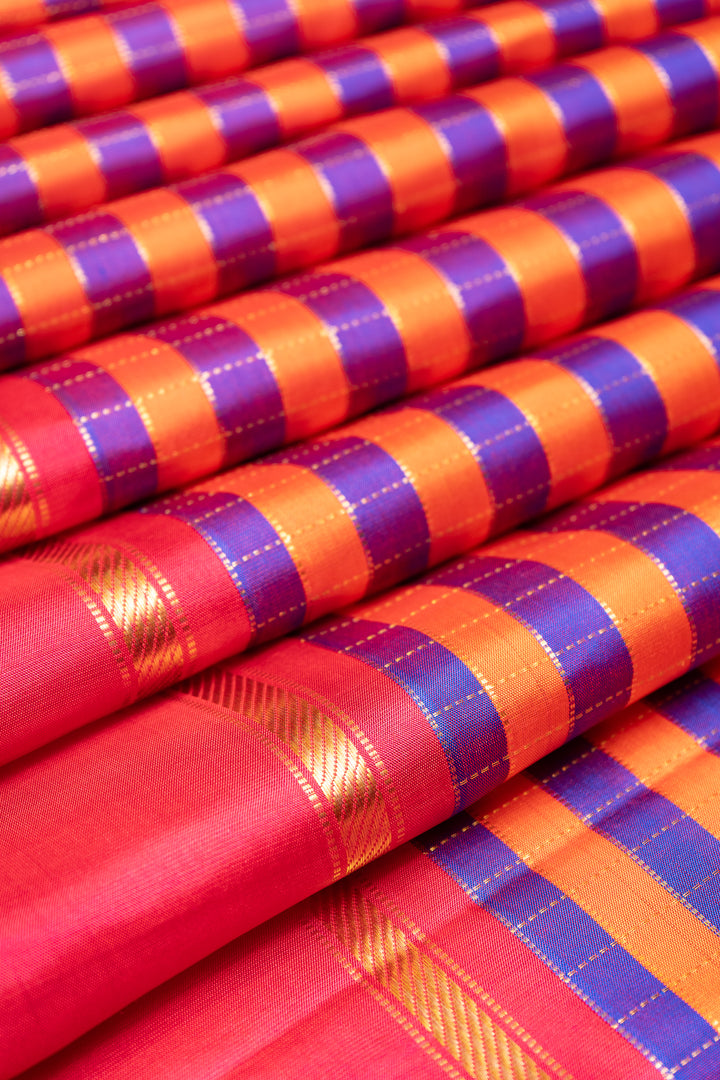 Blue and Orange Multi Checks Pure Kanjivaram Silk Saree - Clio Silks