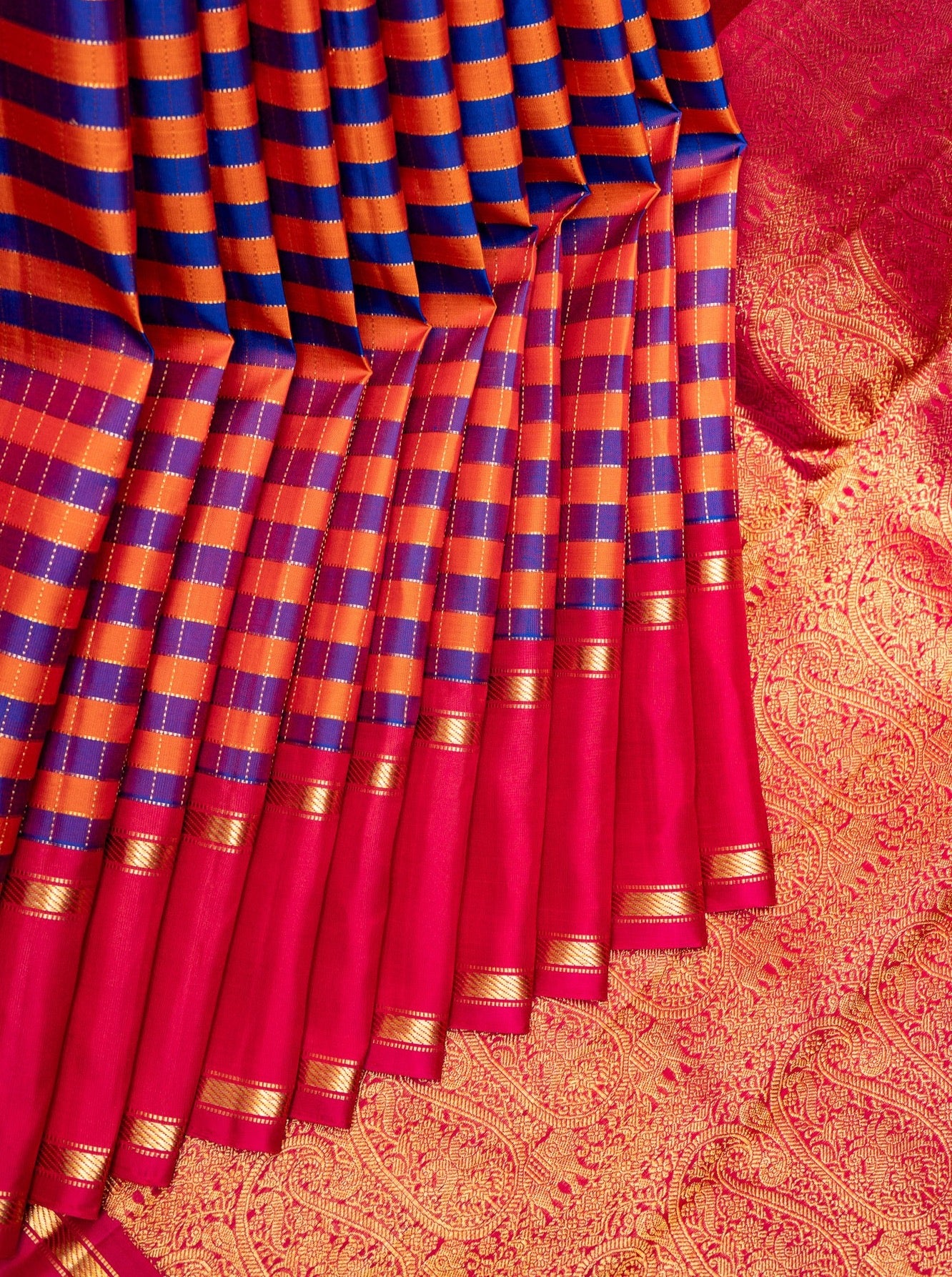 Blue and Orange Multi Checks Pure Kanjivaram Silk Saree - Clio Silks