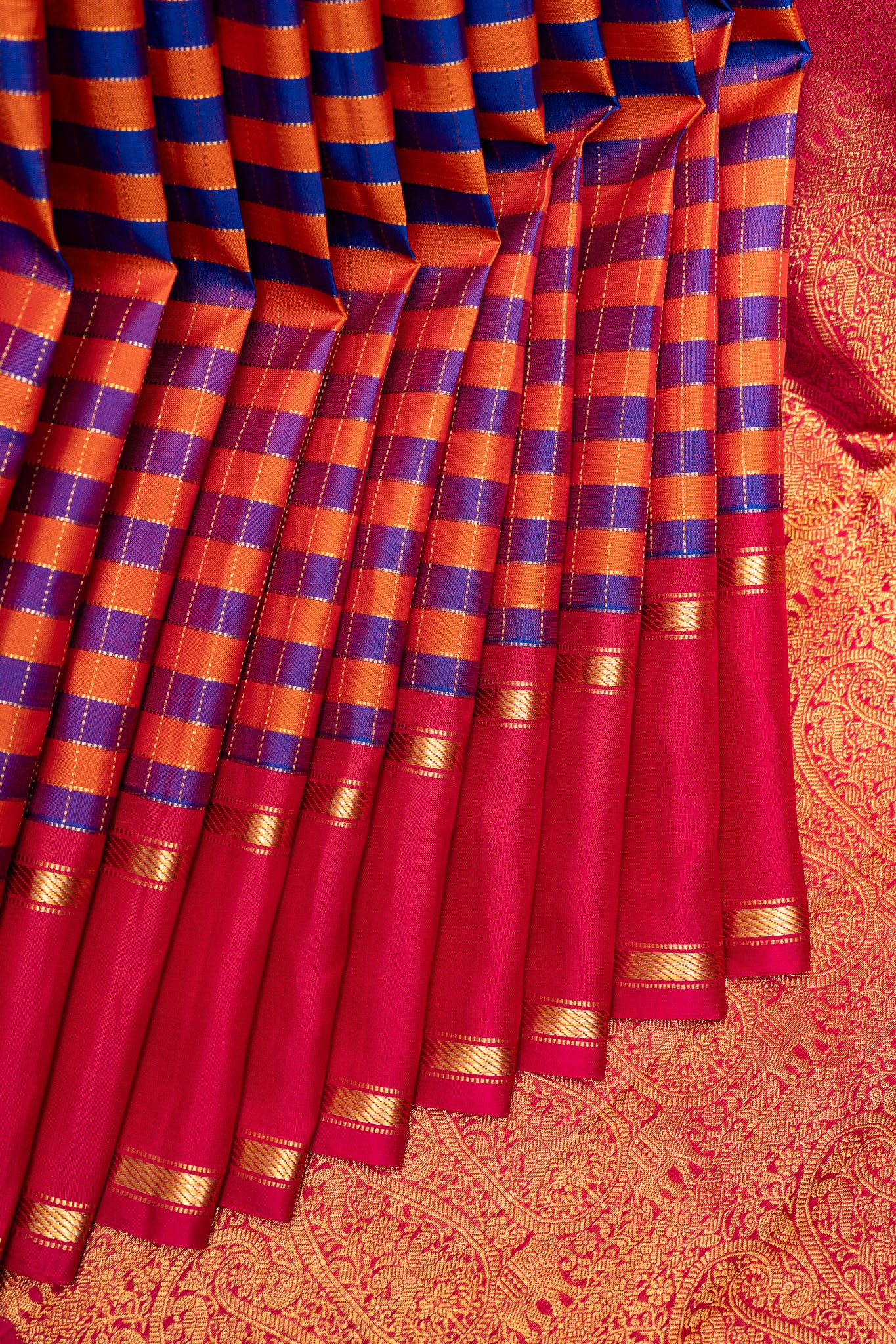 Blue and Orange Multi Checks Pure Kanjivaram Silk Saree - Clio Silks