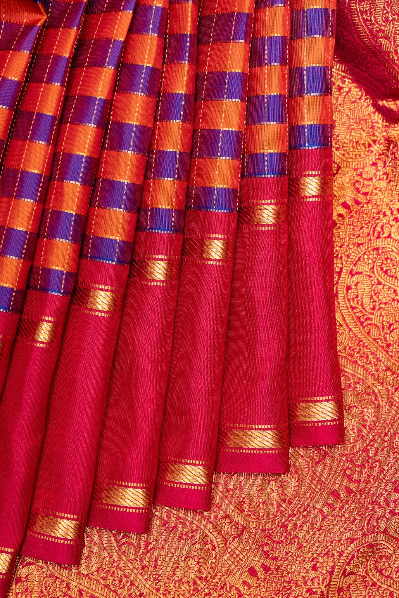 Blue and Orange Multi Checks Pure Kanjivaram Silk Saree - Clio Silks