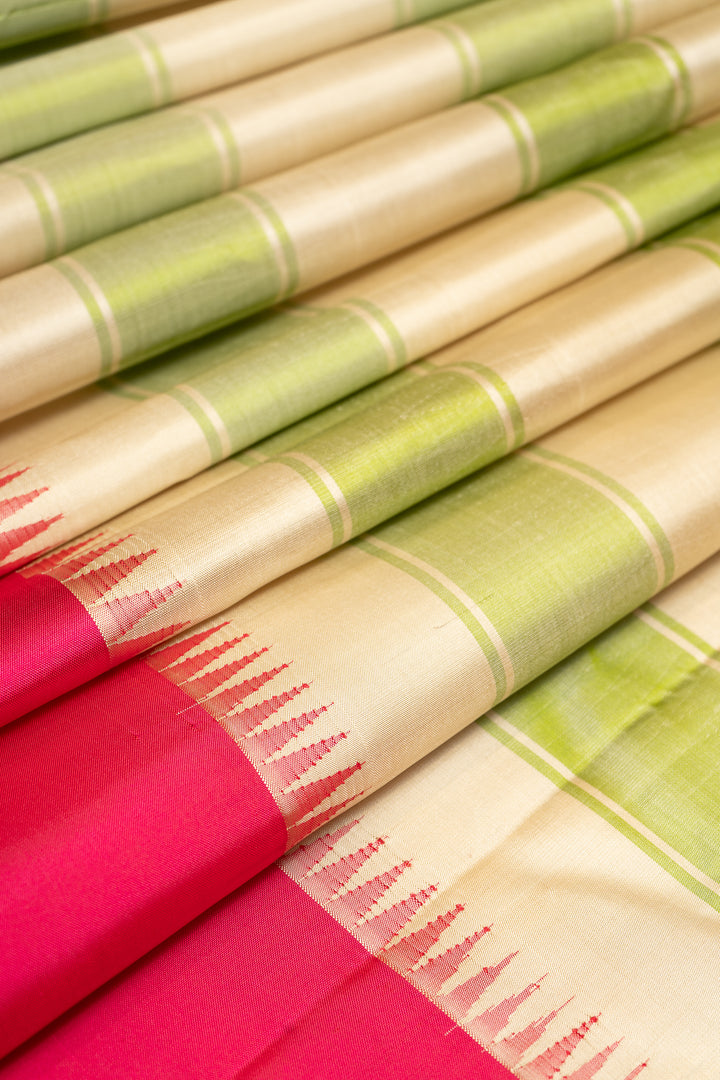Almond Cream Stripes Korvai Pure Kanchipuram Silk Saree Without Zari - Clio Silks