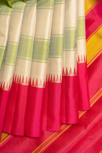 Almond Cream Stripes Korvai Pure Kanchipuram Silk Saree Without Zari - Clio Silks