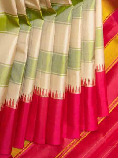 Almond Cream Stripes Korvai Pure Kanchipuram Silk Saree Without Zari - Clio Silks