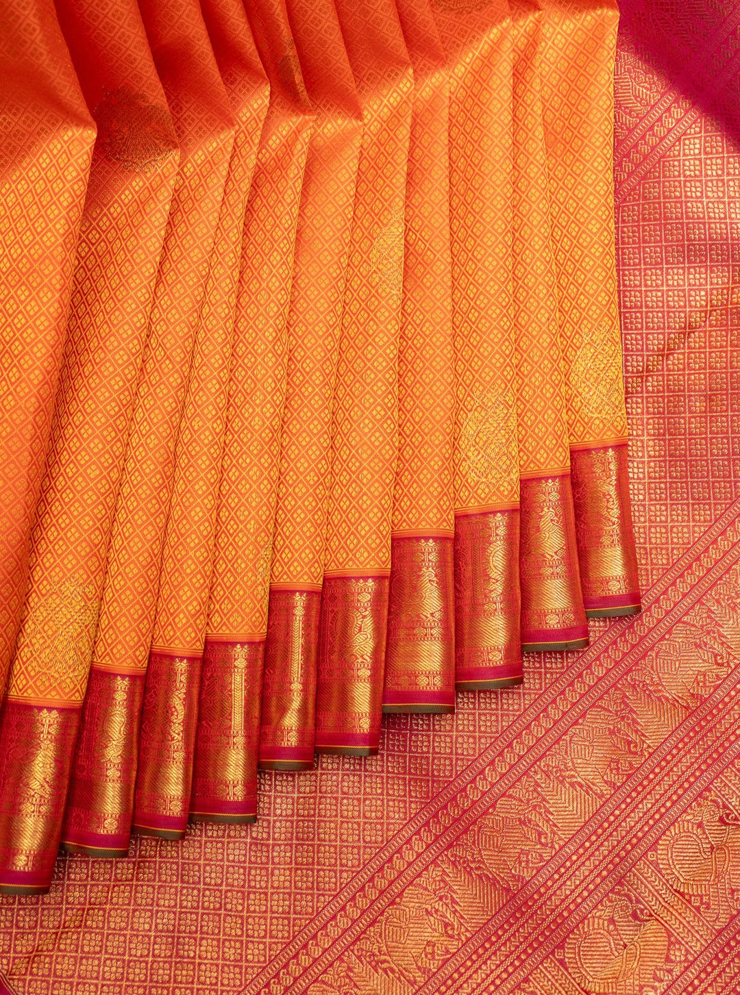 Orange and Red Thread Brocade Pure Zari Kanchipuram Silk Saree - Clio Silks
