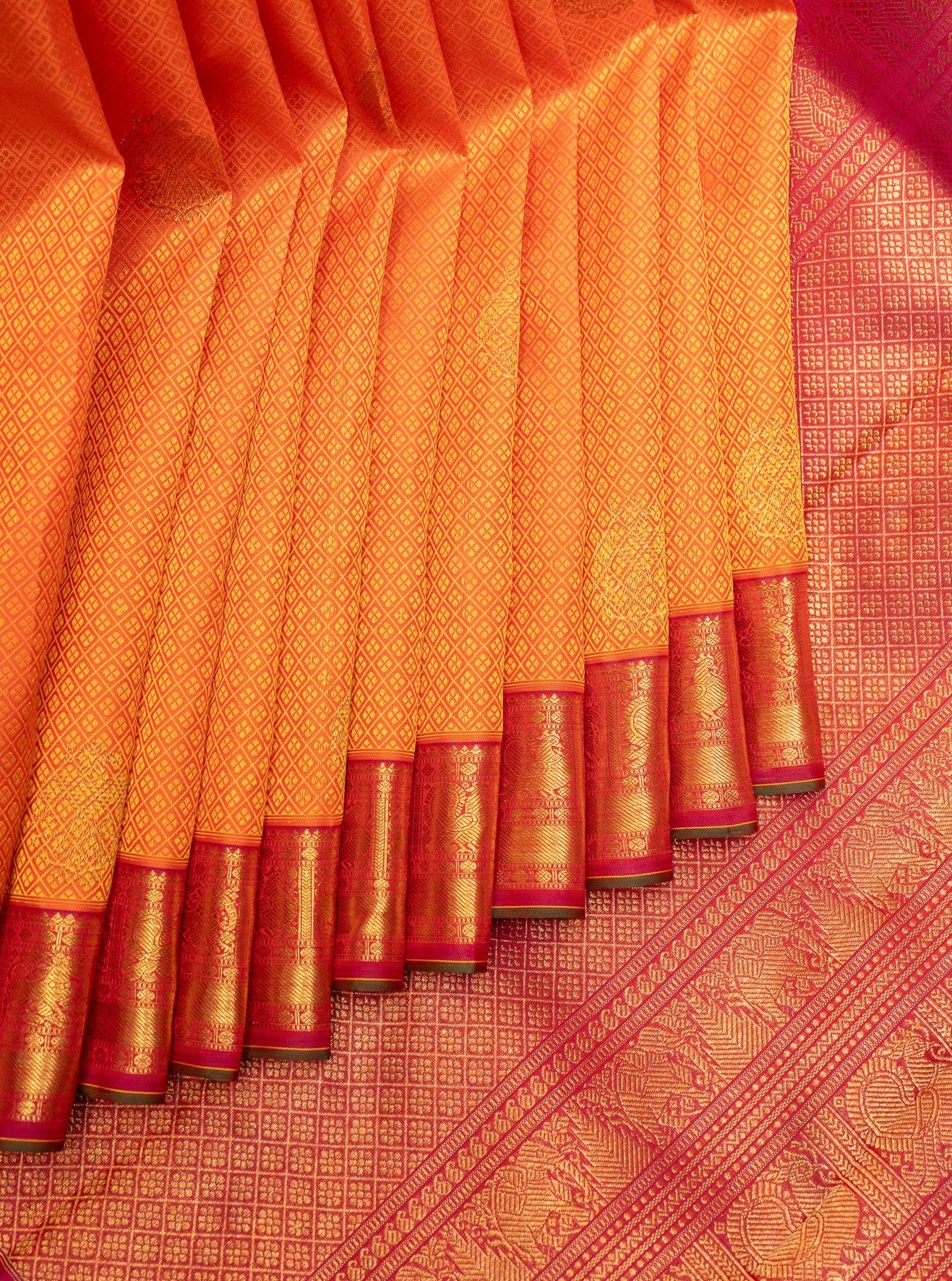 Orange and Red Thread Brocade Pure Zari Kanchipuram Silk Saree - Clio Silks