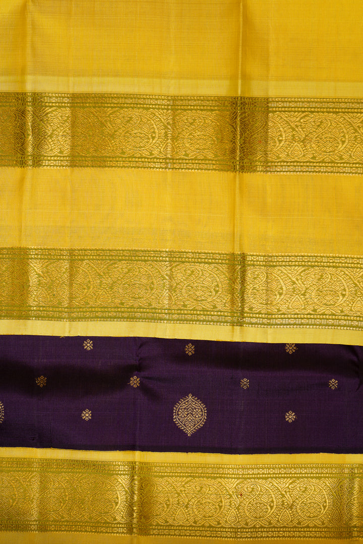 Violet and Yellow Rettai Pettu Pure Zari Kanchipuram Silk Saree - Clio Silks