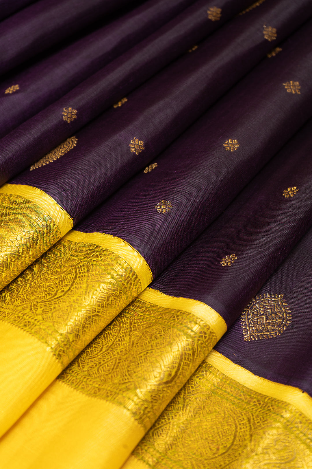 Violet and Yellow Rettai Pettu Pure Zari Kanchipuram Silk Saree - Clio Silks