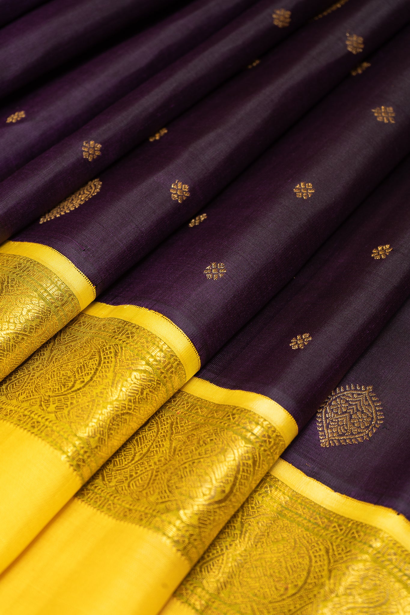 Violet and Yellow Rettai Pettu Pure Zari Kanchipuram Silk Saree - Clio Silks