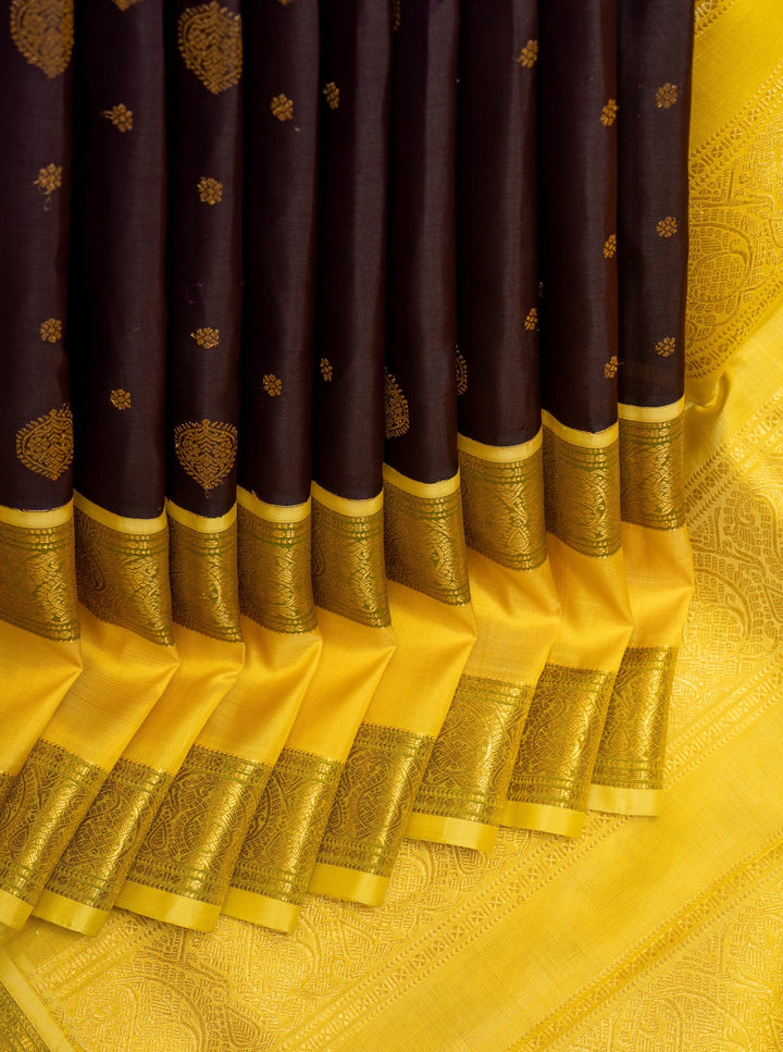 Violet and Yellow Rettai Pettu Pure Zari Kanchipuram Silk Saree - Clio Silks