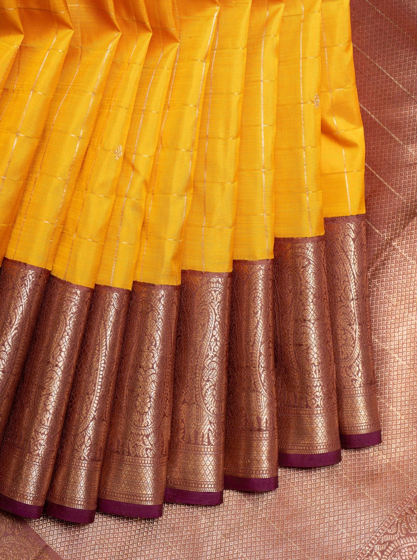 Yellow  Checks Pure Kanchipuram Silk Saree 