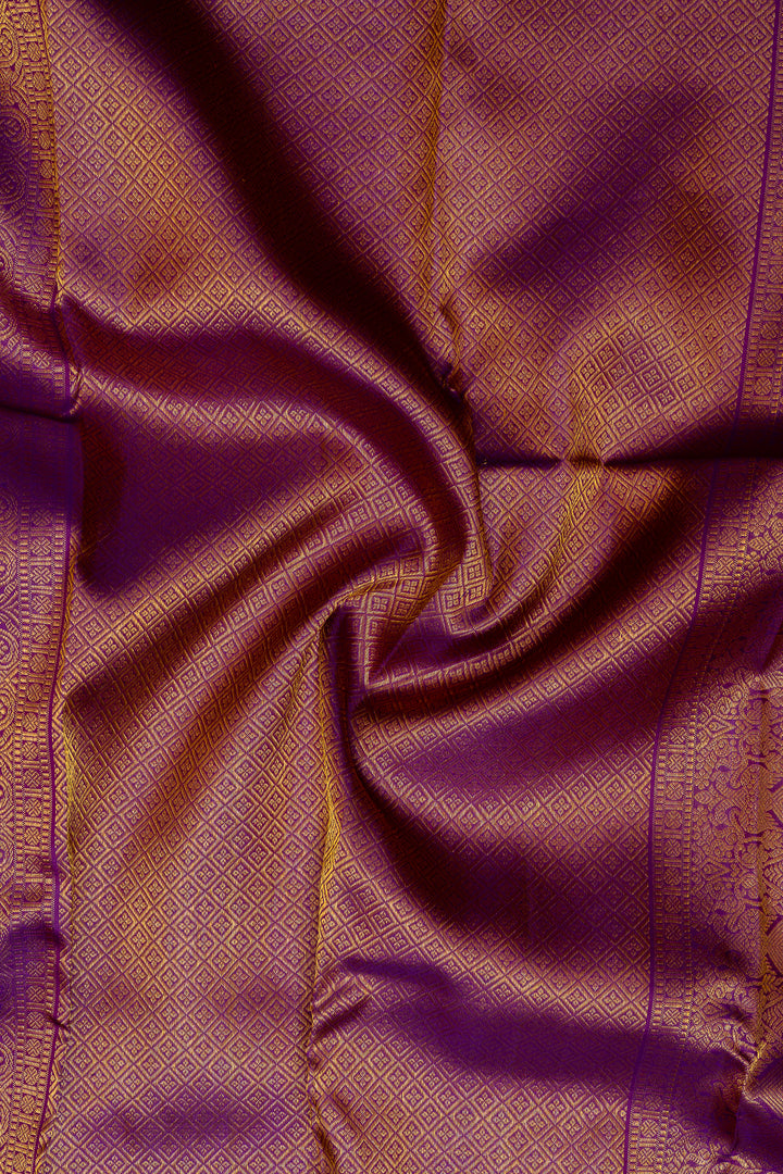 Peach Orange and Purple Brocade Pure Kanchipuram Silk Saree - Clio Silks