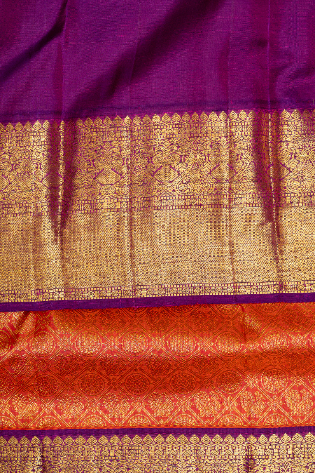 Peach Orange and Purple Brocade Pure Kanchipuram Silk Saree - Clio Silks