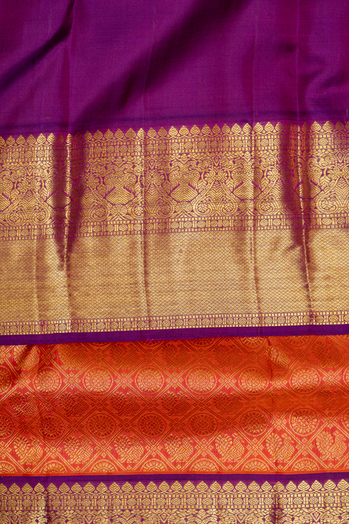 Peach Orange and Purple Brocade Pure Kanchipuram Silk Saree - Clio Silks