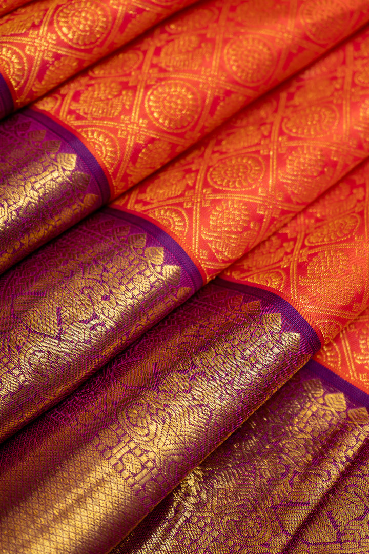 Peach Orange and Purple Brocade Pure Kanchipuram Silk Saree - Clio Silks
