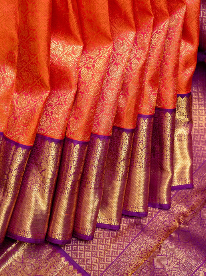 Peach Orange and Purple Brocade Pure Kanchipuram Silk Saree - Clio Silks