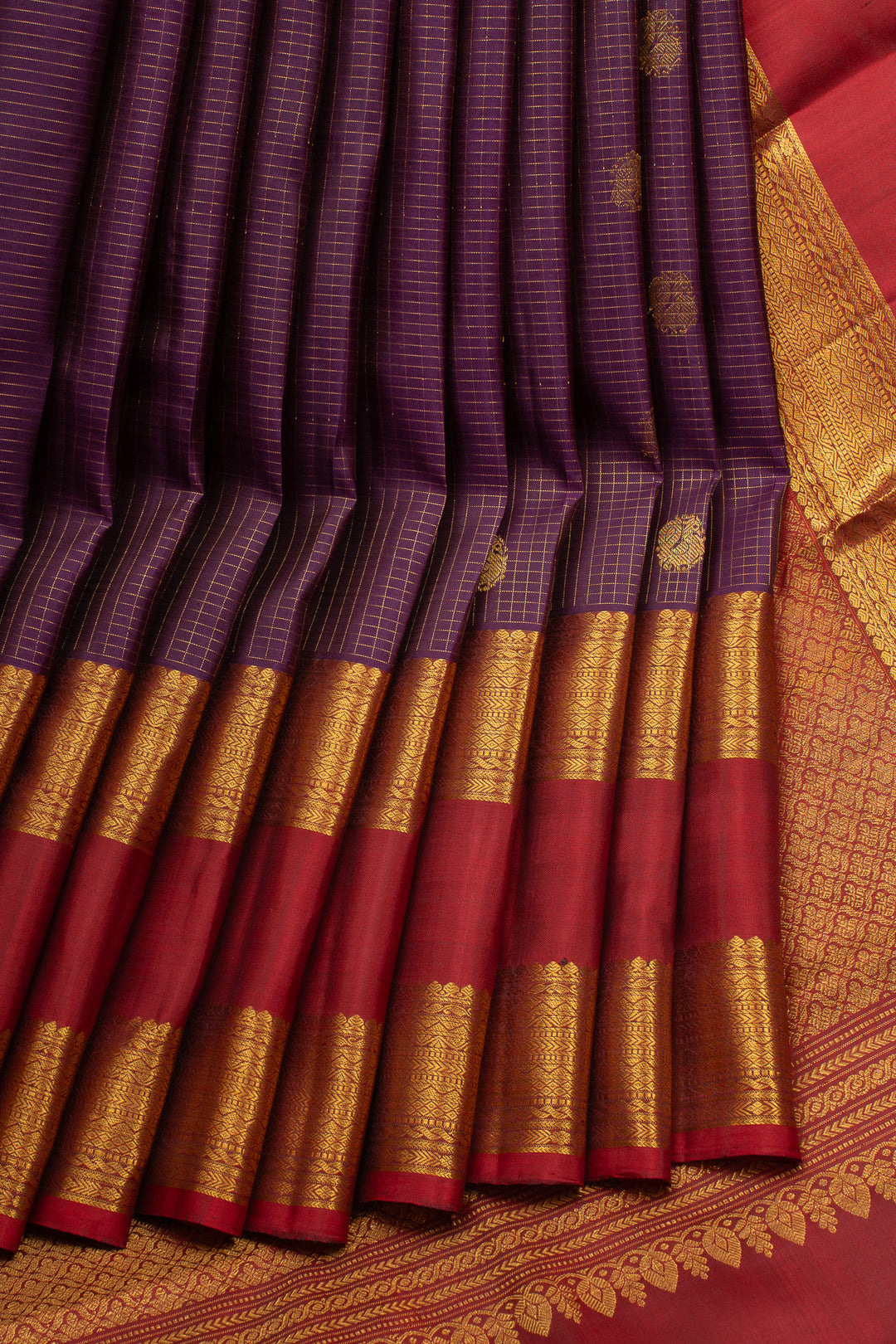 Purple and Maroon Zari Checks Pure Kanchipuram Silk Saree