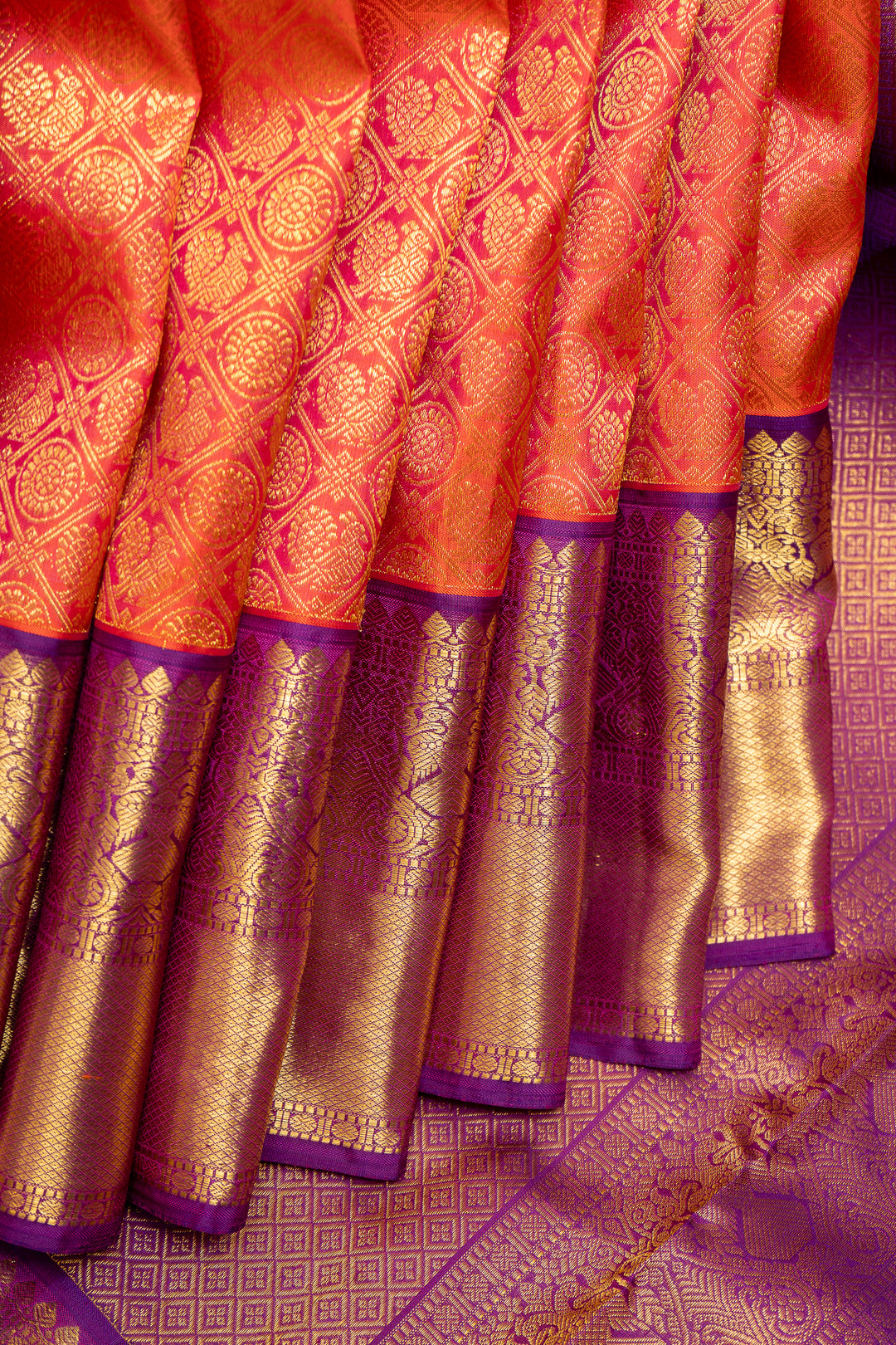 Peach Orange and Purple Brocade Pure Kanchipuram Silk Saree - Clio Silks
