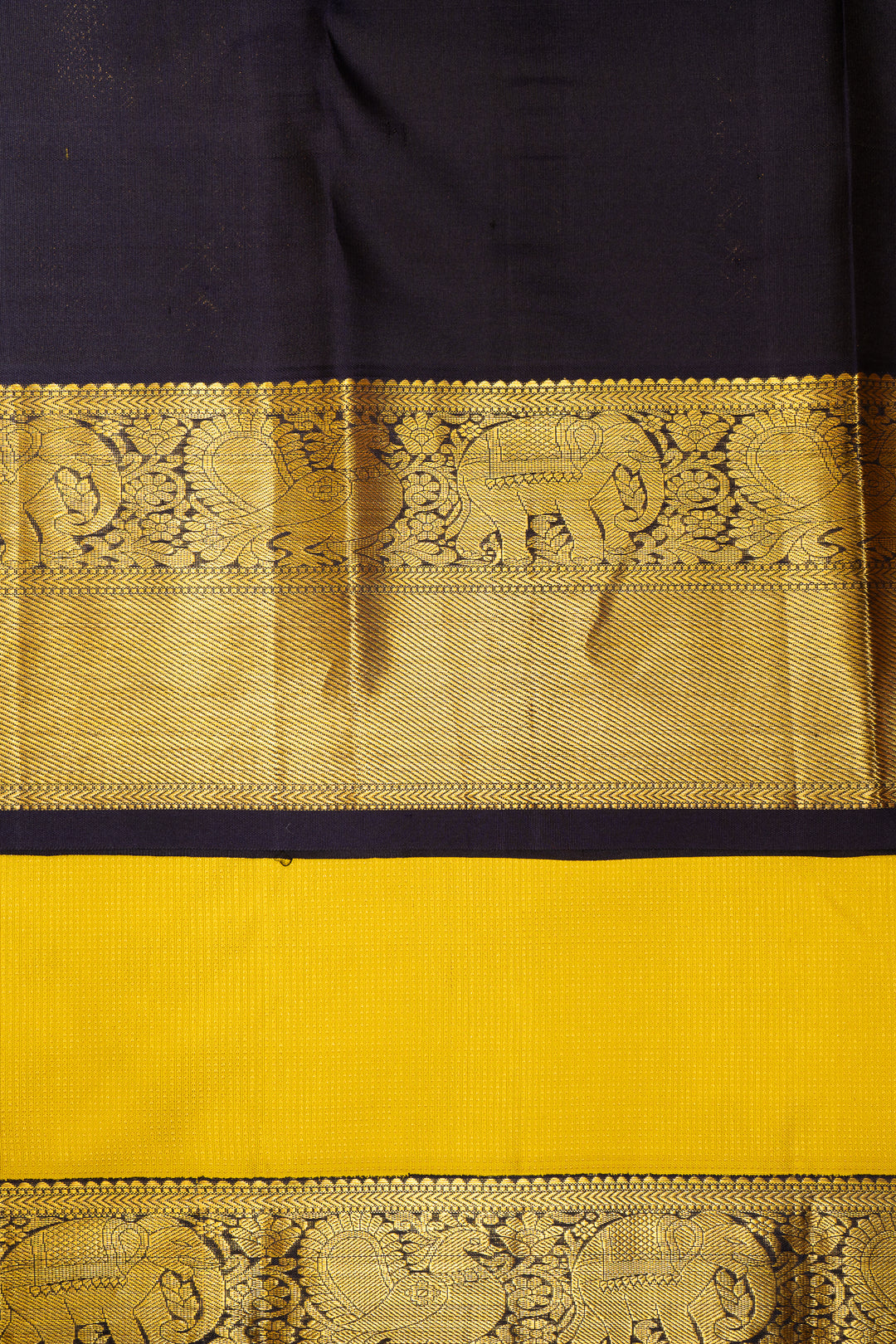 Yellow and Navy Blue Muthu Zari Pure Kanjivaram Silk Sari - Clio Silks
