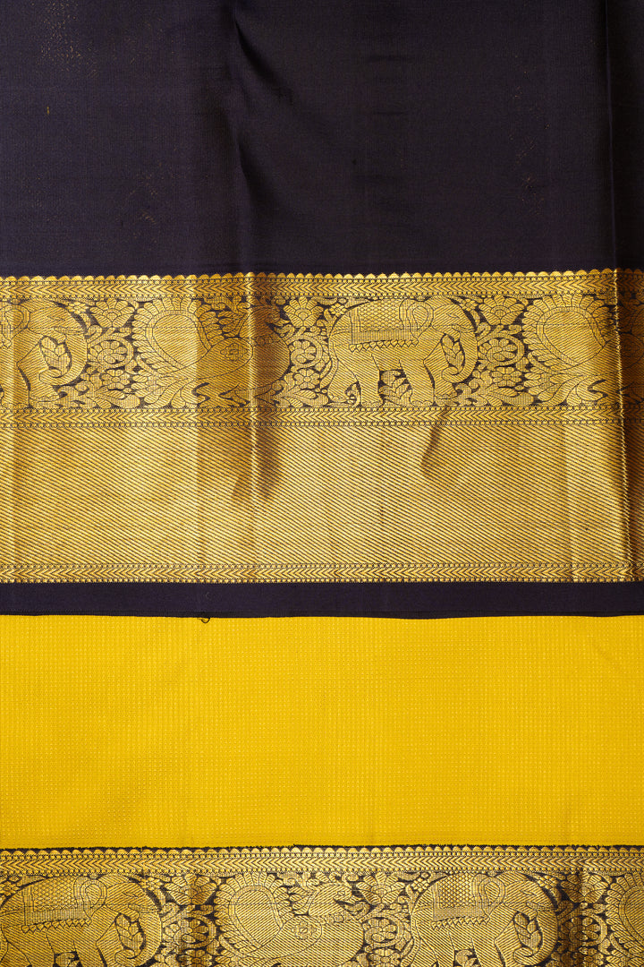 Yellow and Navy Blue Muthu Zari Pure Kanjivaram Silk Sari - Clio Silks