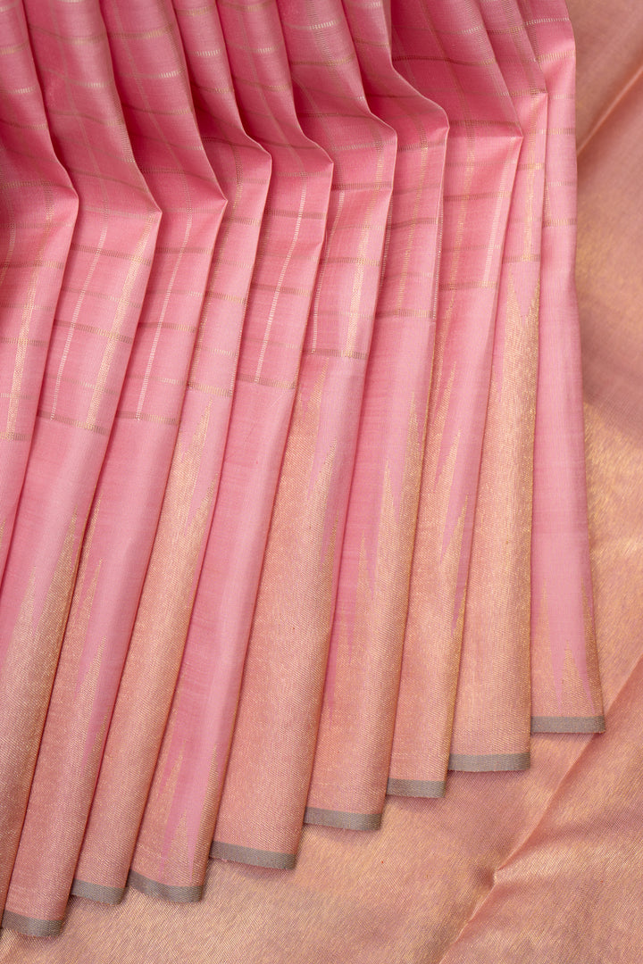 Pastel Pink Checks Pure Zari Kanchipuram Silk Saree - Clio Silks