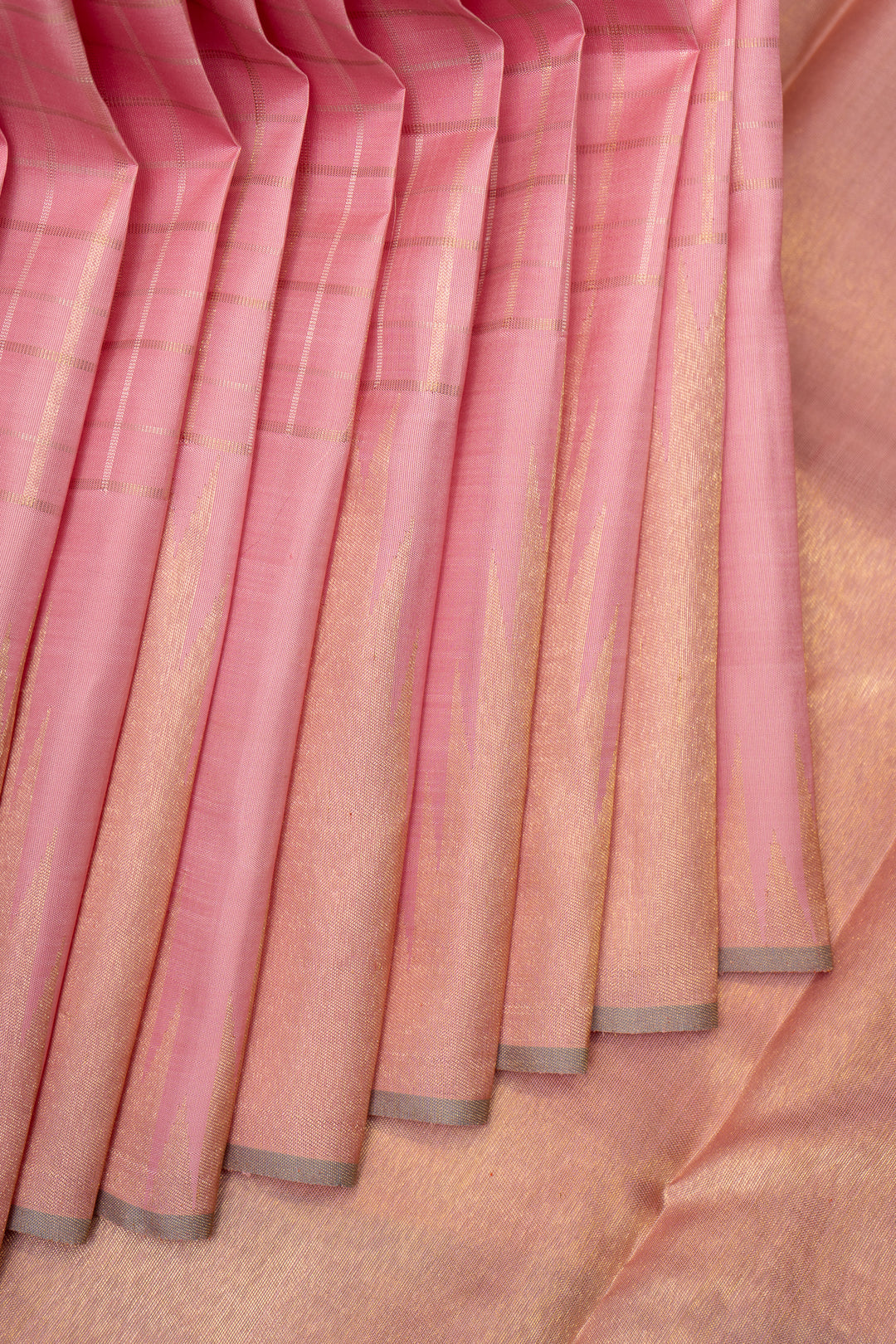 Pastel Pink Checks Pure Zari Kanchipuram Silk Saree - Clio Silks