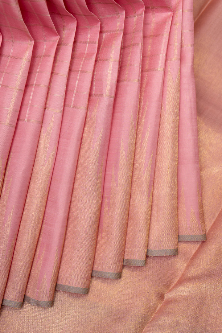 Pastel Pink Checks Pure Zari Kanchipuram Silk Saree - Clio Silks