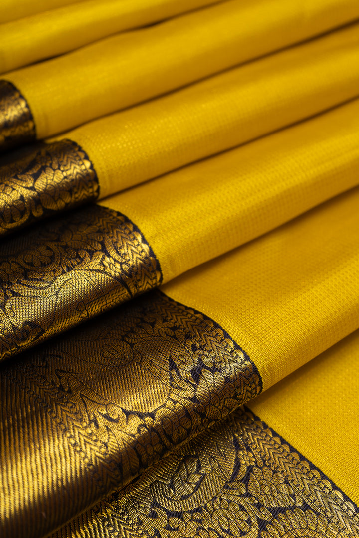 Yellow and Navy Blue Muthu Zari Pure Kanjivaram Silk Sari - Clio Silks
