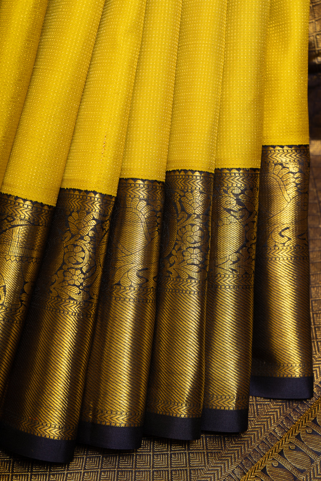 Yellow and Navy Blue Muthu Zari Pure Kanjivaram Silk Sari - Clio Silks