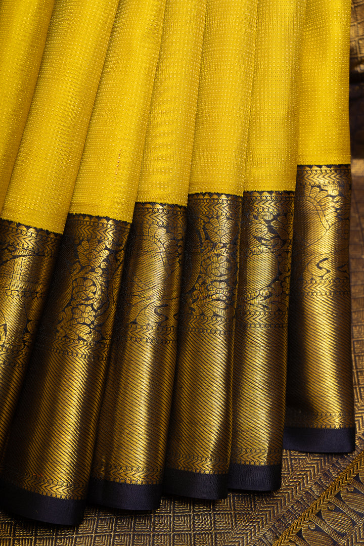Yellow and Navy Blue Muthu Zari Pure Kanjivaram Silk Sari - Clio Silks