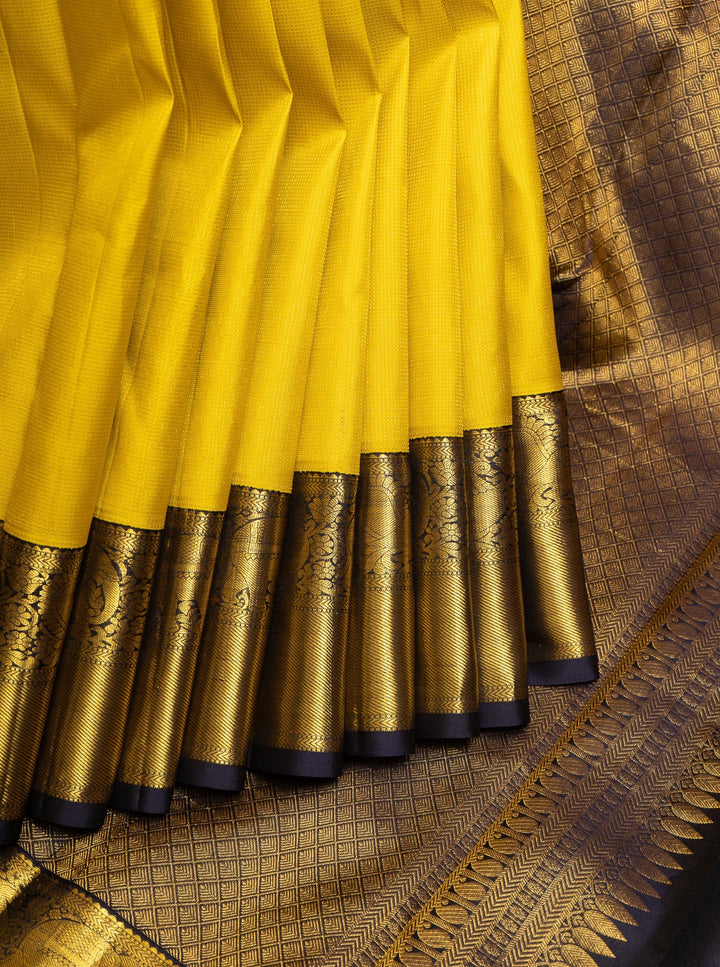 Yellow and Navy Blue Muthu Zari Pure Kanjivaram Silk Sari - Clio Silks