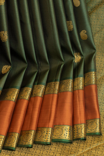 Bottle green vairaoosi stripes pure Kanjivaram silk saree