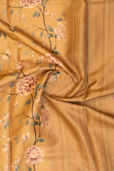 Pastel Yellow Floral Printed Pure Tussar saree