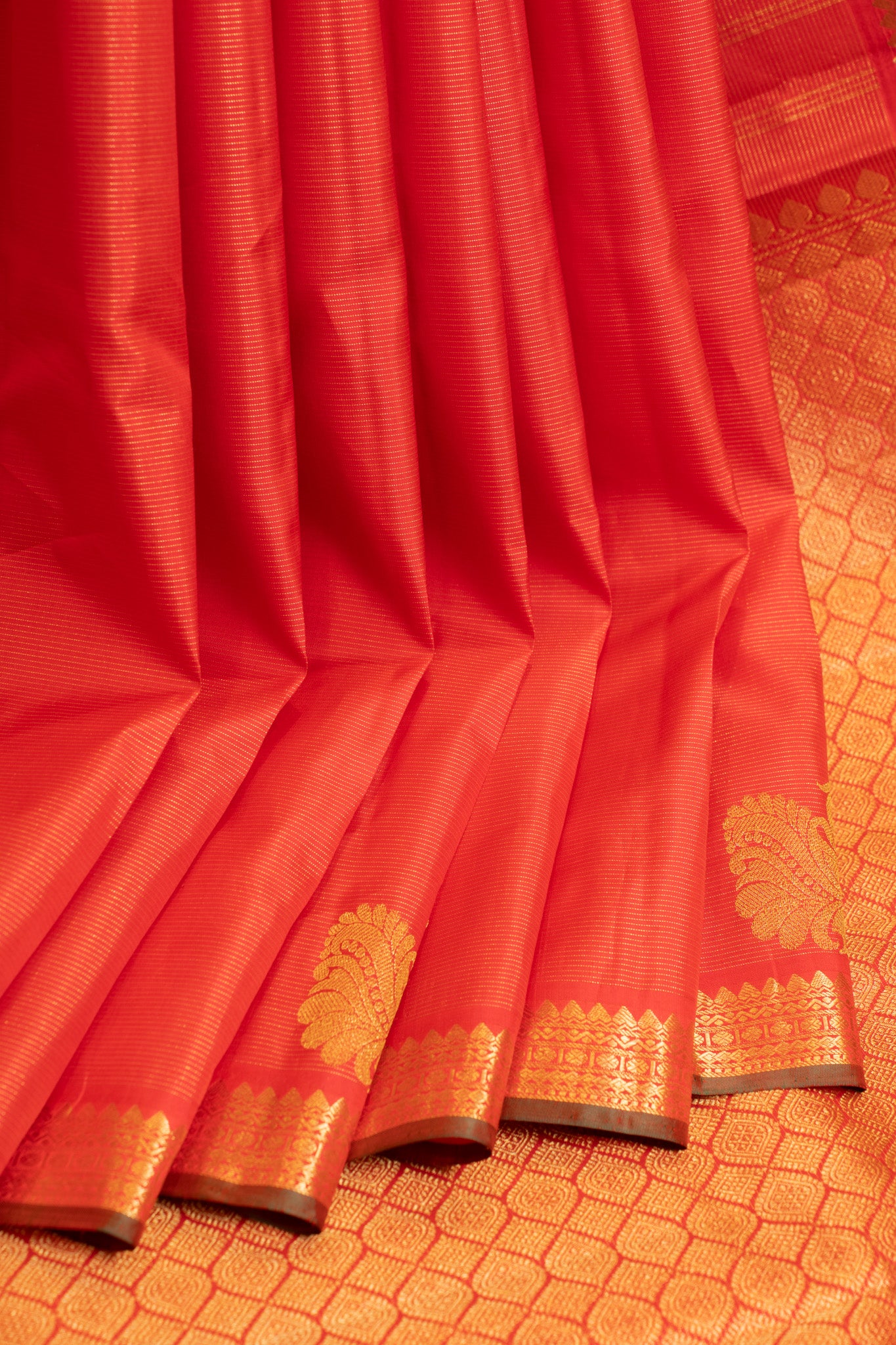 Reddish orange vairaoosi stripes pure Kanjivaram silk saree