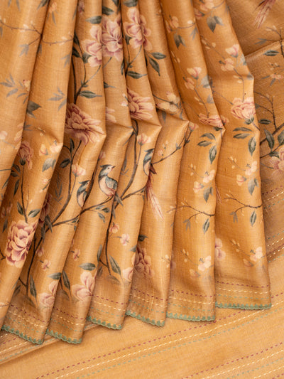 Pastel Yellow Floral Printed Pure Tussar saree