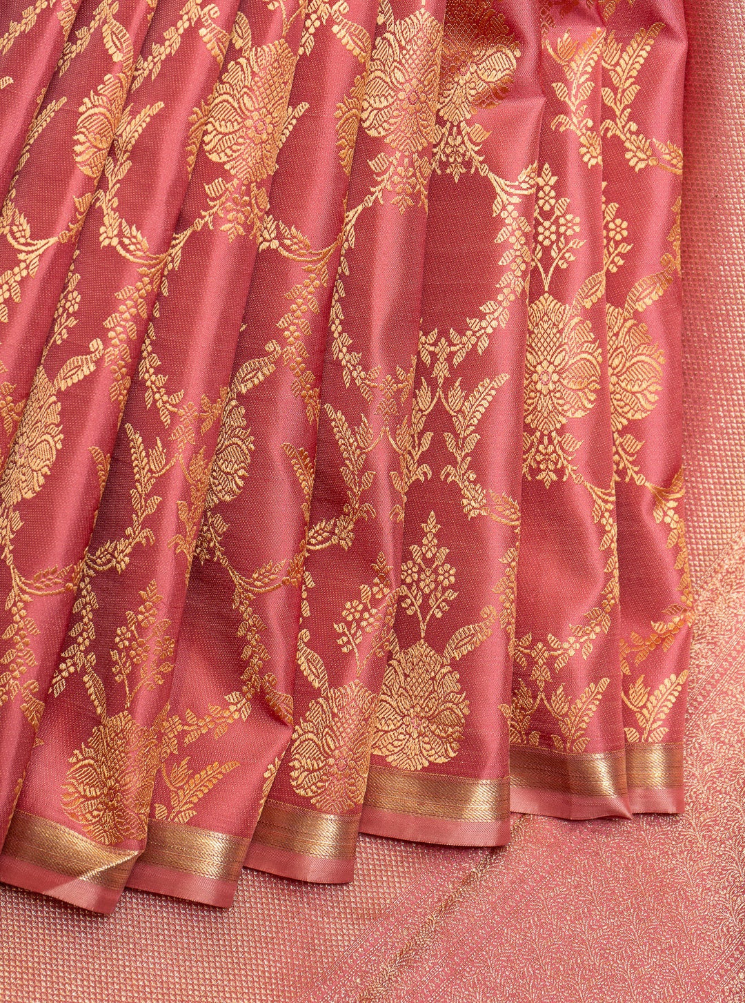 Pink Thread Floral Brocade Pure Kanjivaram Silk Sari - Clio Silks