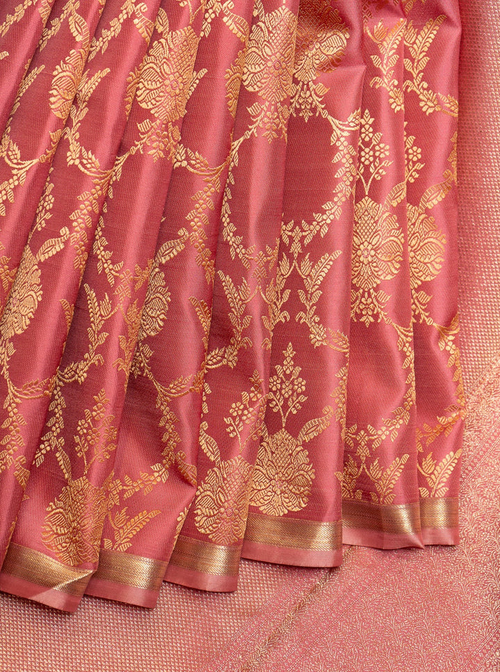 Pink Thread Floral Brocade Pure Kanjivaram Silk Sari - Clio Silks