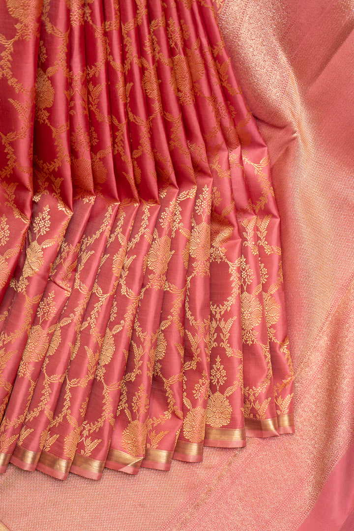 Pink Thread Floral Brocade Pure Kanjivaram Silk Sari - Clio Silks