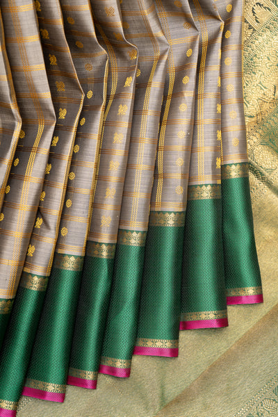 Cadet Grey Checks Pure Zari Kanchipuram Silk Saree - Clio Silks