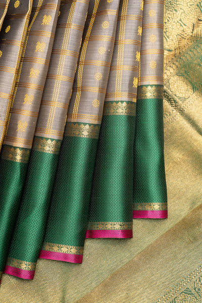 Cadet Grey Checks Pure Zari Kanchipuram Silk Saree - Clio Silks