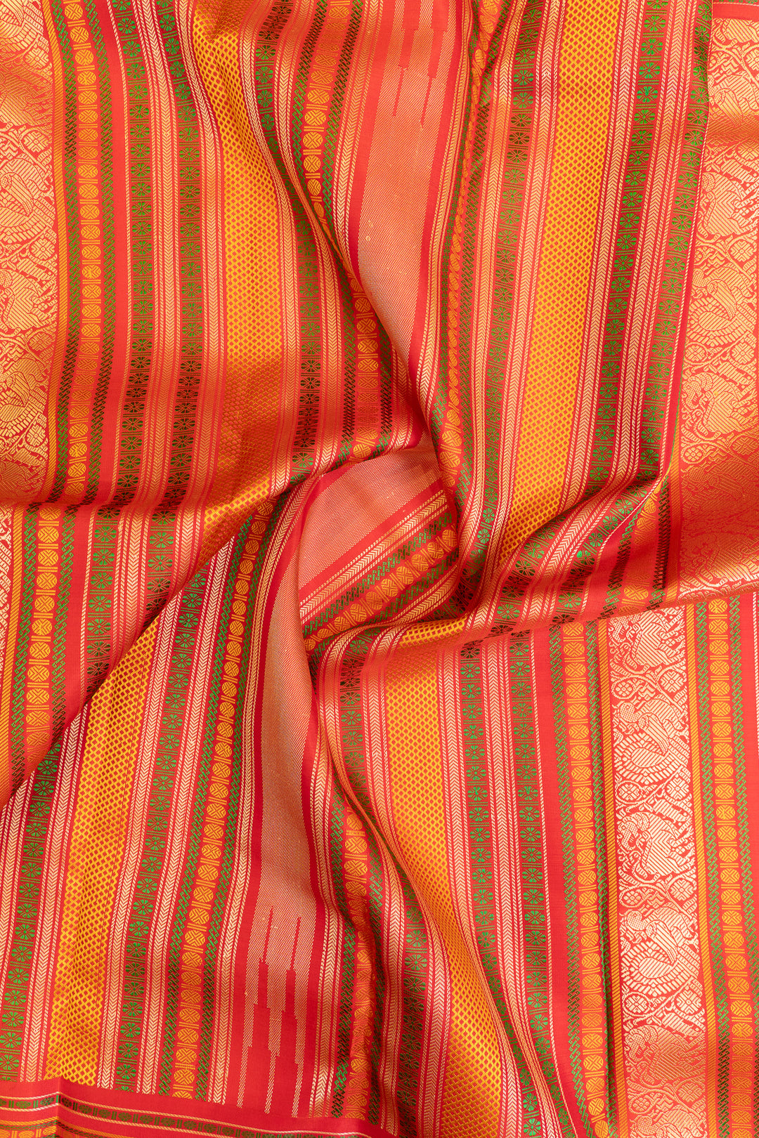 Orangish cream checks without zari pure Kanchipuram silk saree