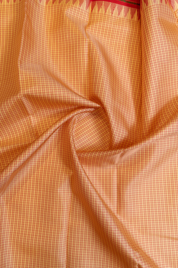 Orangish cream checks without zari pure Kanchipuram silk saree