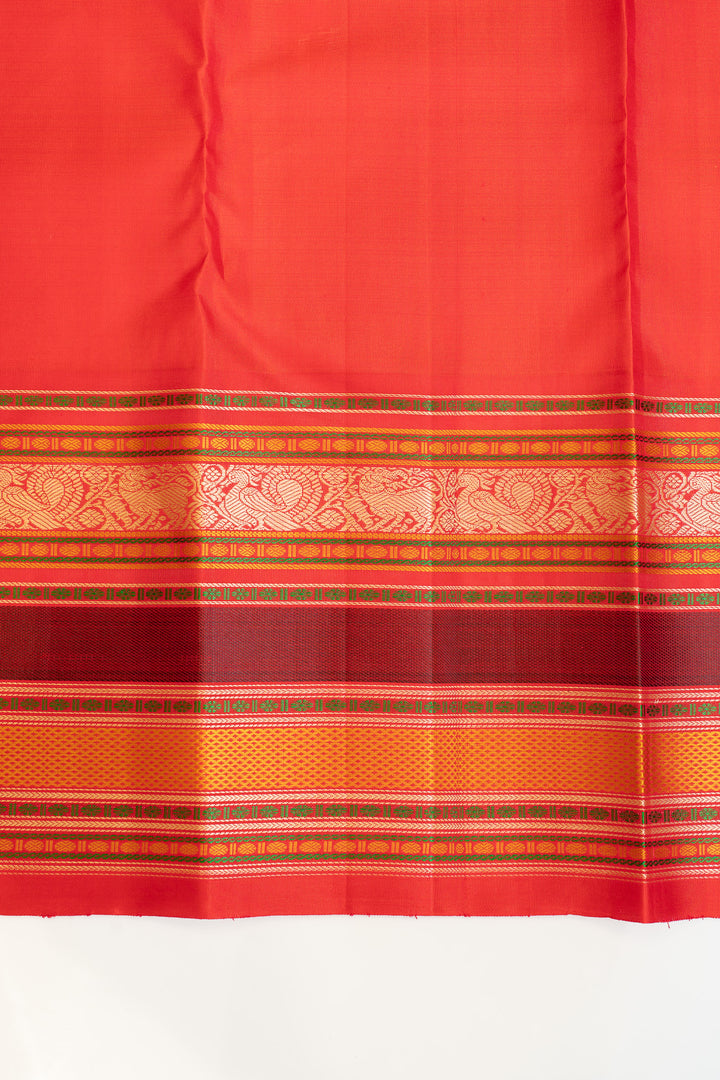 Orangish cream checks without zari pure Kanchipuram silk saree