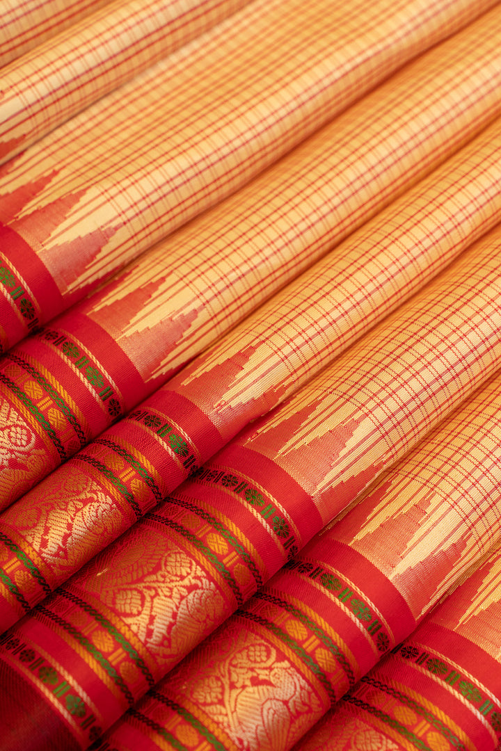 Orangish cream checks without zari pure Kanchipuram silk saree