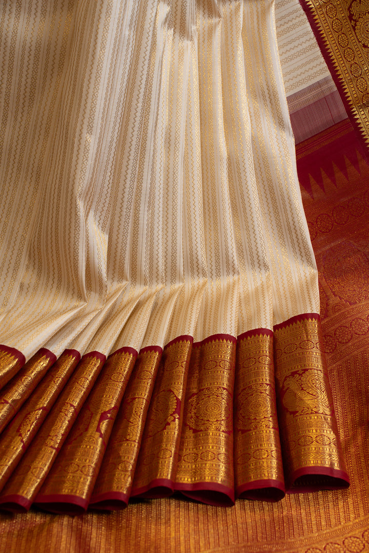 Pearl white and maroon zari stripes pure Kanchipuram silk saree