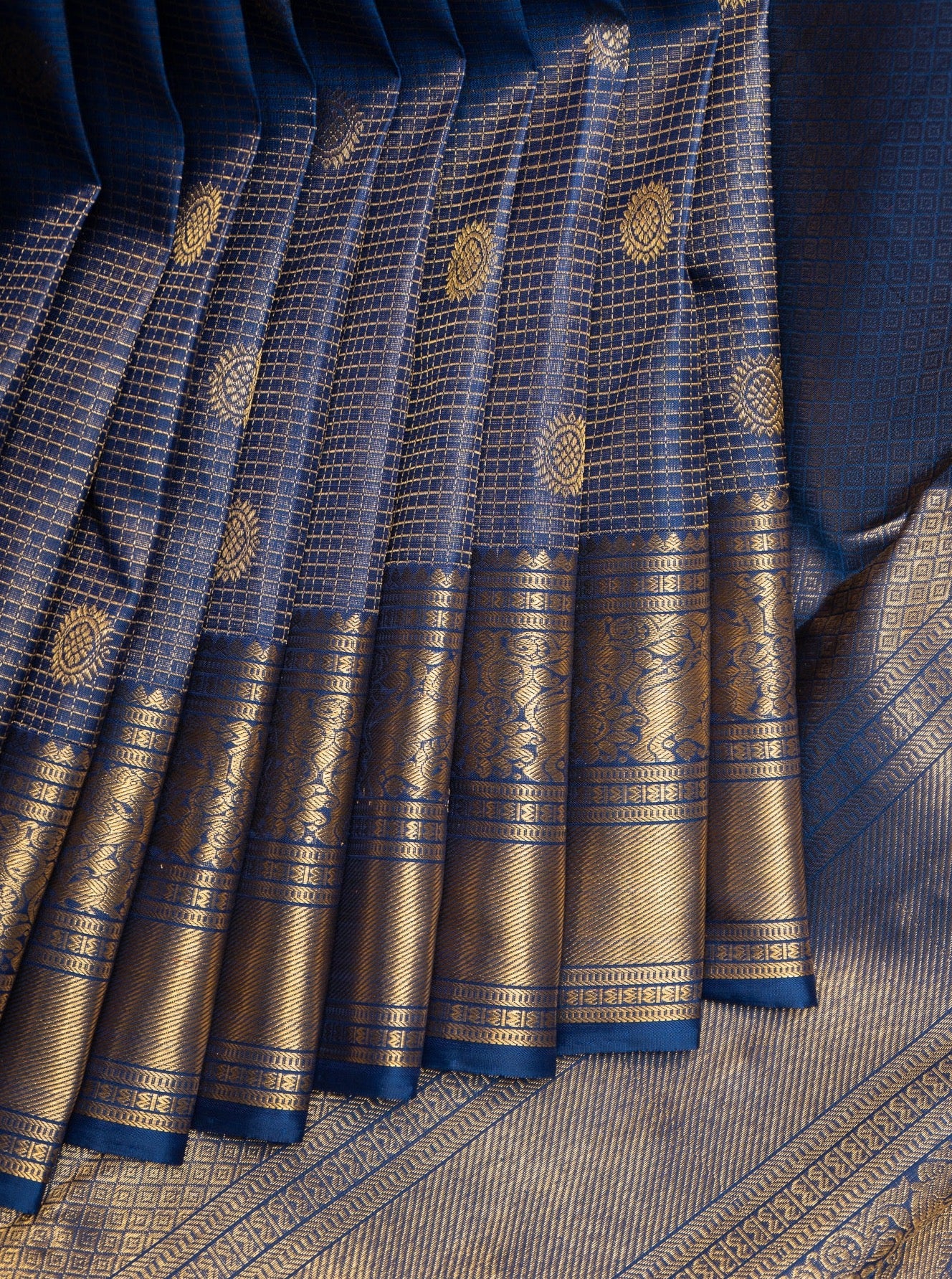 Midnight Blue Zari Checks Pure Kanchipuram Silk Saree - Clio Silks