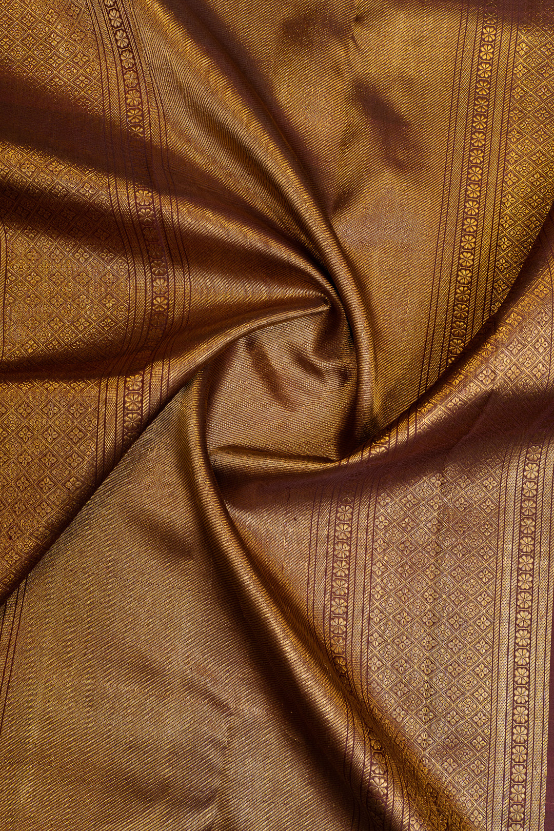 Yellow and brown vintage checks  pure Kanchipuram silk saree