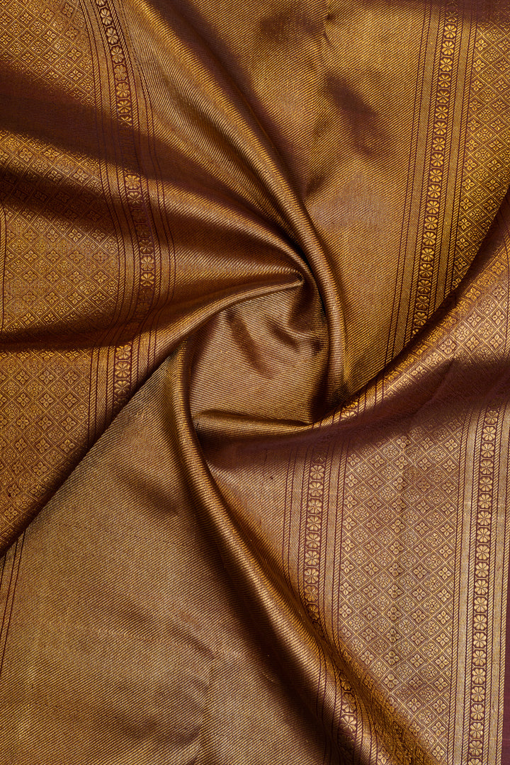 Yellow and brown vintage checks  pure Kanchipuram silk saree