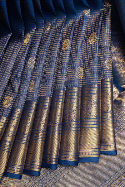 Midnight Blue Zari Checks Pure Kanchipuram Silk Saree - Clio Silks