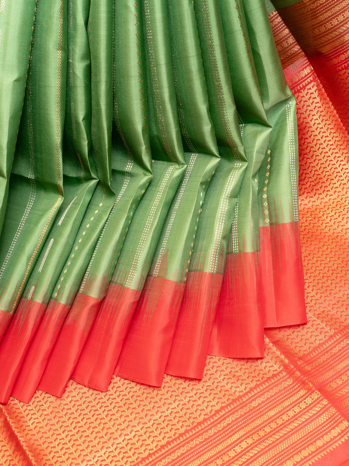 Apple Green and Peach Stripes Soft Silk Saree | Clio Silks